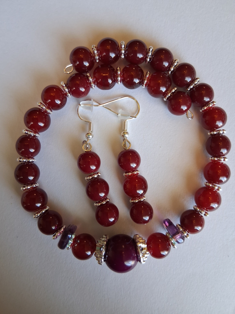 Handmade Burgundy Bead Bracelet and Earrings Set W/ Silver Tones